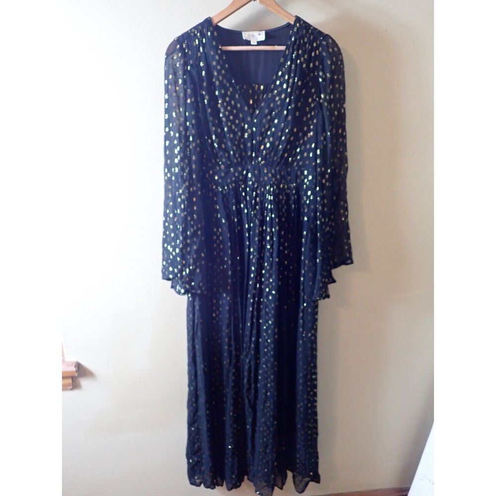 Millie Resort and Travel Black Dress Bell Sleeve Gold Details XS Maxi Dress